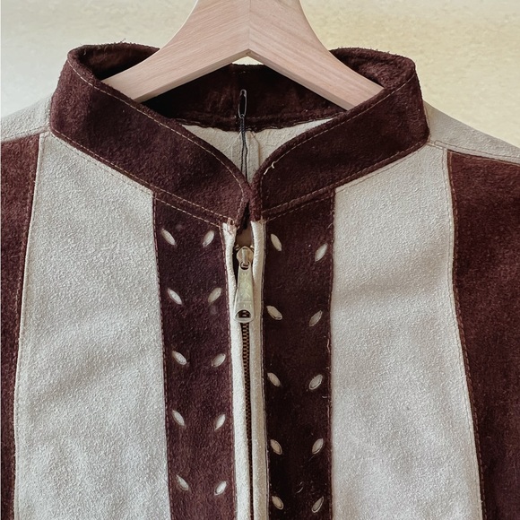 100% Leather Suede 70s Style Brown and Tan Poncho Cape - Picture 2 of 5